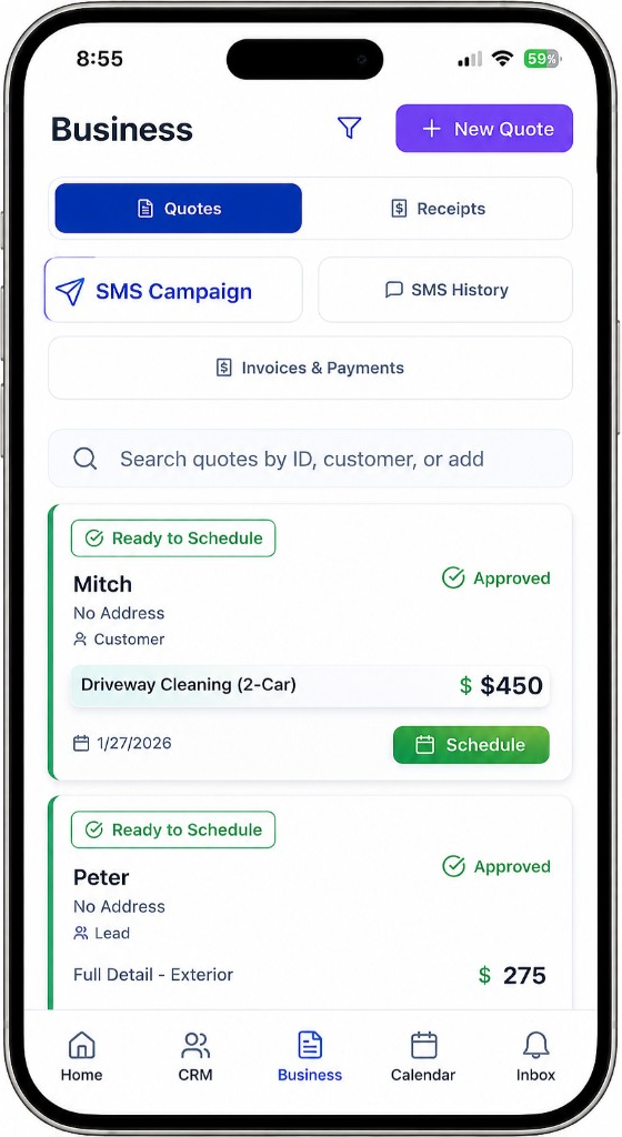 ServiceBear quotes, invoices, and online payments screen for service businesses